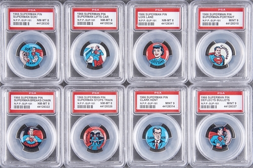1966 National Periodical Prods. "Superman Pins" Complete Set (8) - #1 on the PSA Set Registry! 